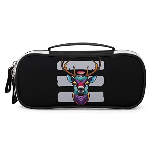 Colorful Geometric Reindeer Head Printed Pencil Case Bag Stationery Pouch with Handle Portable Makeup Bag Desk Organizer