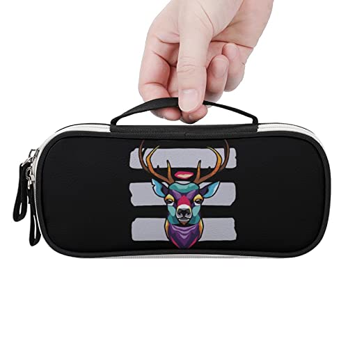 Colorful Geometric Reindeer Head Printed Pencil Case Bag Stationery Pouch with Handle Portable Makeup Bag Desk Organizer