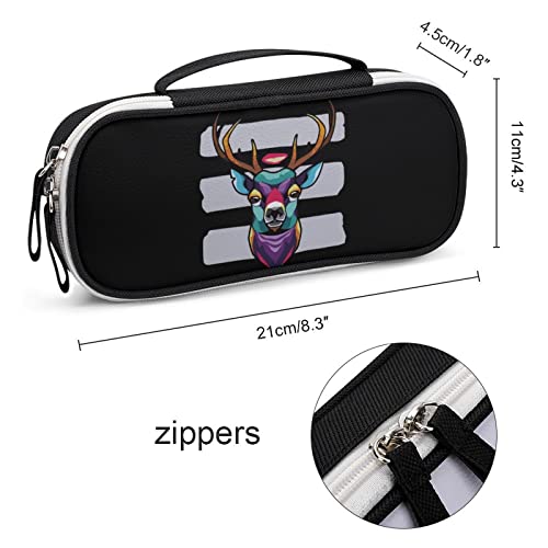 Colorful Geometric Reindeer Head Printed Pencil Case Bag Stationery Pouch with Handle Portable Makeup Bag Desk Organizer