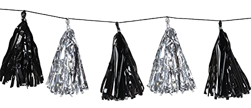 Beistle Metallic Tassel Garland New Year's Eve Decorations, Graduation Party Supplies, Awards Night Banner, 9.75" x 8', Black/Silver