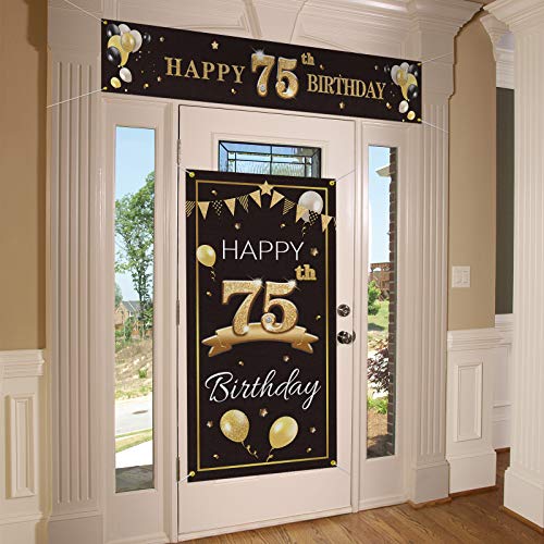 PAKBOOM Happy 75th Birthday Door Cover Porch Banner Sign Set - 75 Years Old Birthday Decorations Party Supplies for Men - Black Gold