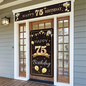 pakboom happy 75th birthday door cover porch banner sign set – 75 years old birthday decorations party supplies for men – black gold