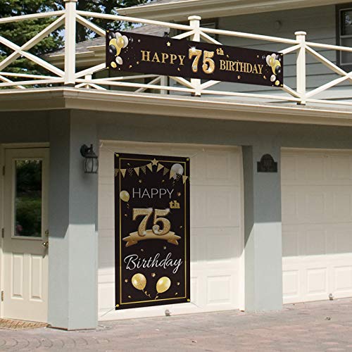 PAKBOOM Happy 75th Birthday Door Cover Porch Banner Sign Set - 75 Years Old Birthday Decorations Party Supplies for Men - Black Gold