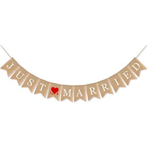 just married burlap banner,just married party decorationsi bridal shower decorations red heart garland for valentine’s day wedding party decor, bachelorette bridal shower party supplies, anniversary valentine’s day photo background.
