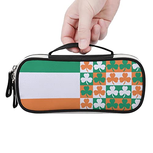 Ireland Flag Shamrock Clover Printed Pencil Case Bag Stationery Pouch with Handle Portable Makeup Bag Desk Organizer