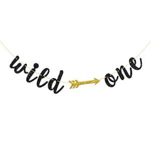 black glitter wild one banner with arrow, happy 1st birthday party decorations, one year old party bunting photo props party supplies