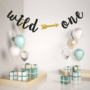 Black Glitter Wild One Banner with Arrow, Happy 1st Birthday Party Decorations, One Year Old Party Bunting Photo Props Party Supplies