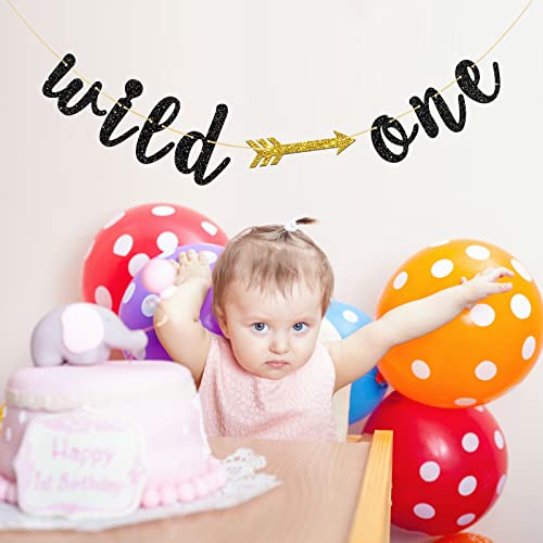 Black Glitter Wild One Banner with Arrow, Happy 1st Birthday Party Decorations, One Year Old Party Bunting Photo Props Party Supplies