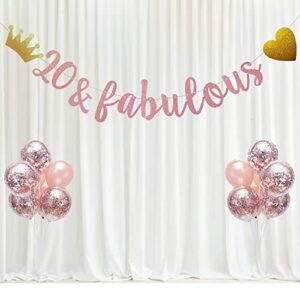 20 & Fabulous Banner, Pre-Strung, No Assembly Required, Funny Rose Gold Paper Glitter Party Decorations for 20th Birthday Party Supplies, Letters Rose Gold,ABCpartyland