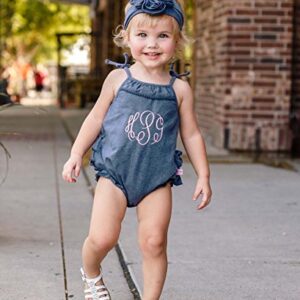 RuffleButts® Baby/Toddler Girls Faux Denim Pom Pom Bubble Romper - 3-6m