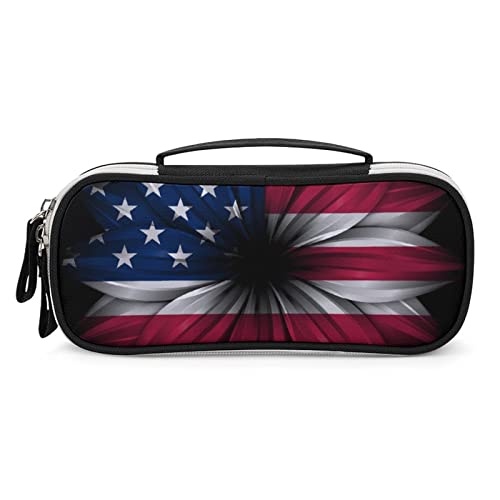 USA Flag Sunflower Printed Pencil Case Bag Stationery Pouch with Handle Portable Makeup Bag Desk Organizer