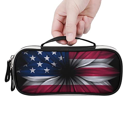 USA Flag Sunflower Printed Pencil Case Bag Stationery Pouch with Handle Portable Makeup Bag Desk Organizer