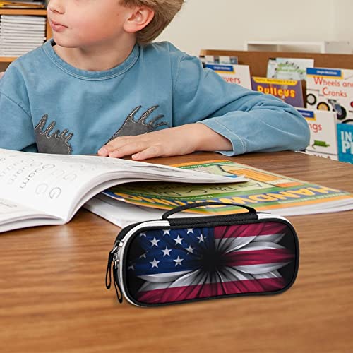 USA Flag Sunflower Printed Pencil Case Bag Stationery Pouch with Handle Portable Makeup Bag Desk Organizer