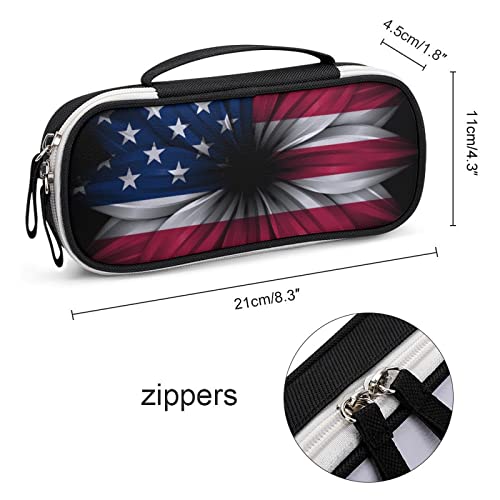 USA Flag Sunflower Printed Pencil Case Bag Stationery Pouch with Handle Portable Makeup Bag Desk Organizer