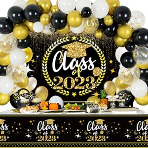black and gold graduation party decorations 2023,67pcs class of 2023 party decor kit with balloon garland backdrop banner and tablecloth for high school, college, medical student graduation party supplies