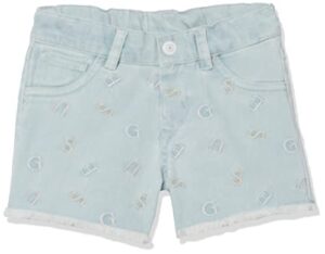 guess baby girls embroidered stretch denim shorts, blue wash and multicolor letters, 9 months us