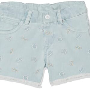 GUESS baby girls Embroidered Stretch Denim Shorts, Blue Wash and Multicolor Letters, 9 Months US