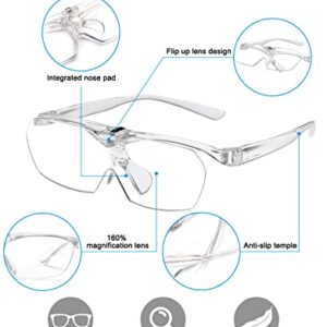 OKH 160% Magnifying Glasses, Flip Up Down Lens, Hands-Free Magnifier Eyeglasses for Close Work, Reading, Sewing, Jewelry Making, Craft, Hobby, Painting