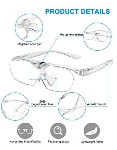 OKH 160% Magnifying Glasses, Flip Up Down Lens, Hands-Free Magnifier Eyeglasses for Close Work, Reading, Sewing, Jewelry Making, Craft, Hobby, Painting