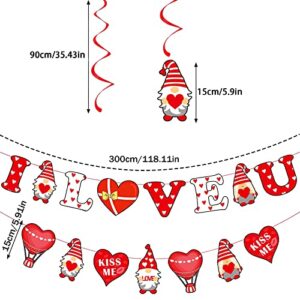 35 Pcs Valentines Day Decoration Hanging Swirls Set Gnome Valentines Day Decor Romantic XOXO Dwarfs Love Heart Pattern Hanging Decor I Love You Banner for Home Bedroom Wedding Party Decorations