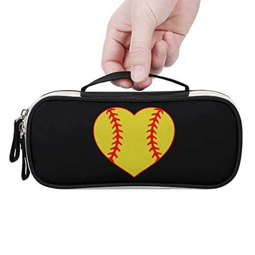 Love Baseball Heart Printed Pencil Case Bag Stationery Pouch with Handle Portable Makeup Bag Desk Organizer