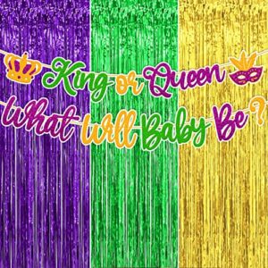 mardi gras gender reveal decorations king or queen what will baby be banner foil curtains backdrop carnival fleur de lis shrove fat tuesday new orleans masquerade theme baby shower party supplies