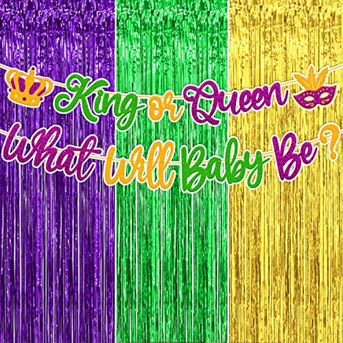 Mardi Gras Gender Reveal Decorations King Or Queen What Will Baby Be Banner Foil Curtains Backdrop Carnival Fleur De Lis Shrove Fat Tuesday New Orleans Masquerade Theme Baby Shower Party Supplies