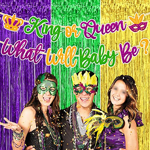 Mardi Gras Gender Reveal Decorations King Or Queen What Will Baby Be Banner Foil Curtains Backdrop Carnival Fleur De Lis Shrove Fat Tuesday New Orleans Masquerade Theme Baby Shower Party Supplies
