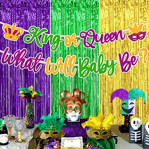 Mardi Gras Gender Reveal Decorations King Or Queen What Will Baby Be Banner Foil Curtains Backdrop Carnival Fleur De Lis Shrove Fat Tuesday New Orleans Masquerade Theme Baby Shower Party Supplies