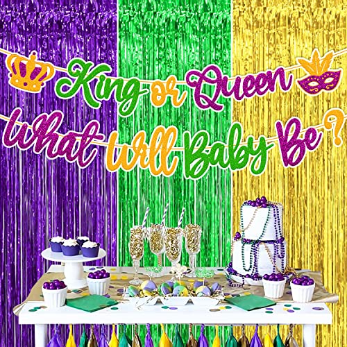 Mardi Gras Gender Reveal Decorations King Or Queen What Will Baby Be Banner Foil Curtains Backdrop Carnival Fleur De Lis Shrove Fat Tuesday New Orleans Masquerade Theme Baby Shower Party Supplies