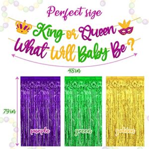 Mardi Gras Gender Reveal Decorations King Or Queen What Will Baby Be Banner Foil Curtains Backdrop Carnival Fleur De Lis Shrove Fat Tuesday New Orleans Masquerade Theme Baby Shower Party Supplies