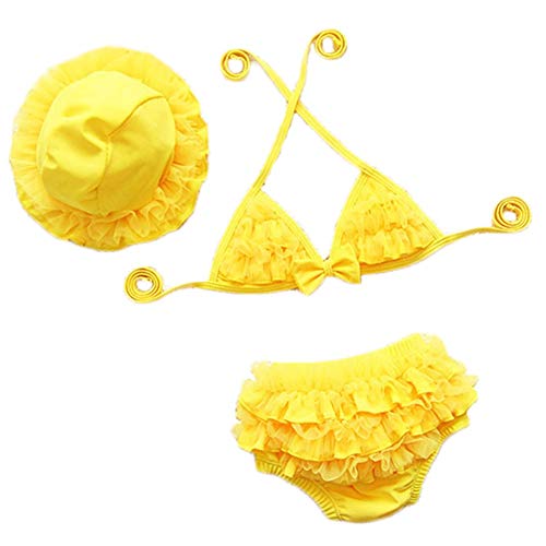 Swimsuit for Baby Girl 6-24 Months with Hat Cute Lace Bikini 3 Piece (X-Small, Yellow)