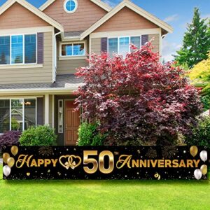 50th wedding anniversary yard sign banner decorations, golden happy 50th anniversary decorations backdrop, 50 years anniversary party supplies gold for outdoor indoor, sturdy fabric vicycaty