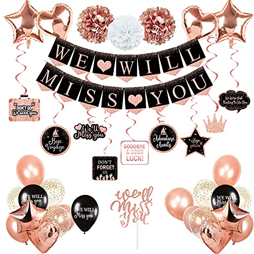 Rose Gold Farewell Party Decorations Supplies Kit, We Will Miss You Decorations, Going Away Party Decorations, Will Miss You Banner, Great for Retirement Farewell Going Away Job Change Party