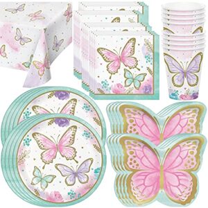 creative converting butterfly shimmer dinnerware | table cover, dinner plates, butterfly shape plates, napkins, cups | girl birthday parties, princess fairy garden, showers & teas