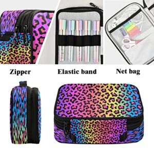 xigua Neon Rainbow Leopard Print Double Zipper Colored Pencil Case 96 Slots Pen Pencil Bag Large Capacity Pencil with Handle Strap Colored Pencil Box