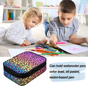 xigua Neon Rainbow Leopard Print Double Zipper Colored Pencil Case 96 Slots Pen Pencil Bag Large Capacity Pencil with Handle Strap Colored Pencil Box