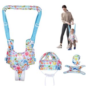 baby walking harness with knee pads and safety helmet handheld baby walker for boys girls adjustable walking assistant protective belt perfect for toddler infant child 7-24 months (blue)