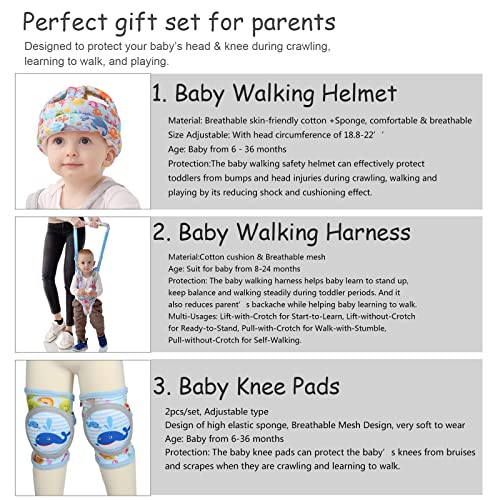 Baby Walking Harness with Knee Pads and Safety Helmet Handheld Baby Walker for Boys Girls Adjustable Walking Assistant Protective Belt Perfect for Toddler Infant Child 7-24 Months (Blue)