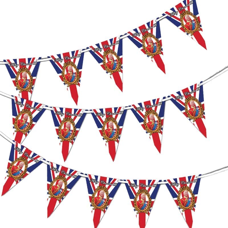 King Charles III Union Jack Bunting Banner with 15 Triangle Flags, Our New King To Be British String Bunting for His Majesty's Royal Coronation Ceremony Pub BBQ Royal Events Street Party Decorations