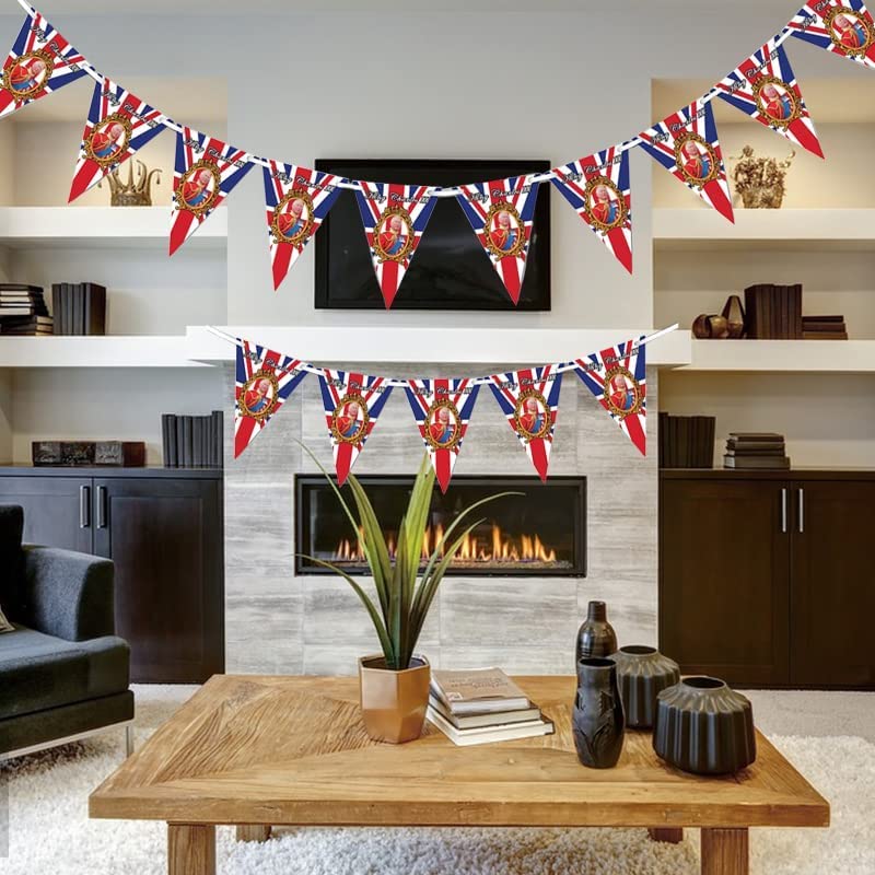 King Charles III Union Jack Bunting Banner with 15 Triangle Flags, Our New King To Be British String Bunting for His Majesty's Royal Coronation Ceremony Pub BBQ Royal Events Street Party Decorations