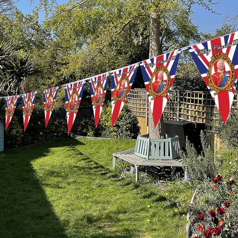 King Charles III Union Jack Bunting Banner with 15 Triangle Flags, Our New King To Be British String Bunting for His Majesty's Royal Coronation Ceremony Pub BBQ Royal Events Street Party Decorations