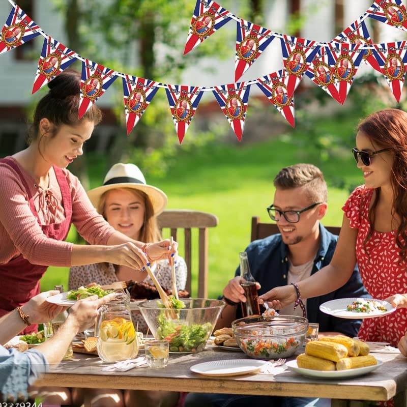 King Charles III Union Jack Bunting Banner with 15 Triangle Flags, Our New King To Be British String Bunting for His Majesty's Royal Coronation Ceremony Pub BBQ Royal Events Street Party Decorations