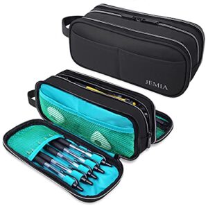 jemia multi compartments collection 3 independent zipper compartments with handle strap pencil case (black, polyester)