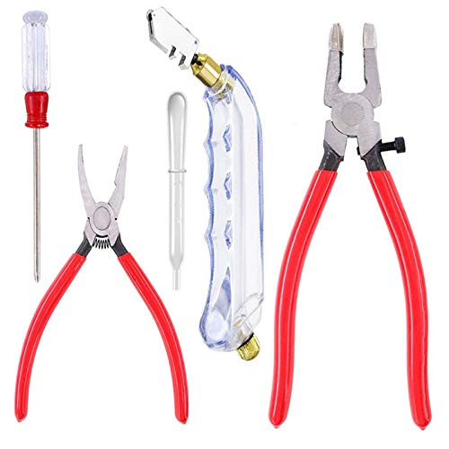 Qovydx 5Pcs Glass Grozer Pliers Glasses Running Pliers Oil Glass Cutters Tools Glass Cutting Kit with Extra Rubber Tips for Stained Glass