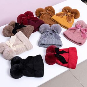 YATEEN Infant Toddler Baby Knitting Woolen Hat Winter Warm Double Pompom Beanie Cap with Bow Beige