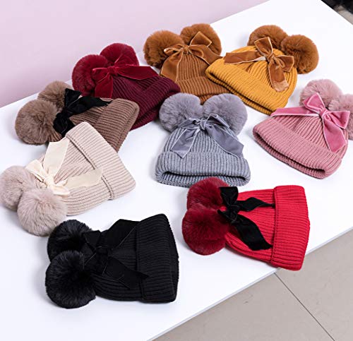 YATEEN Infant Toddler Baby Knitting Woolen Hat Winter Warm Double Pompom Beanie Cap with Bow Beige