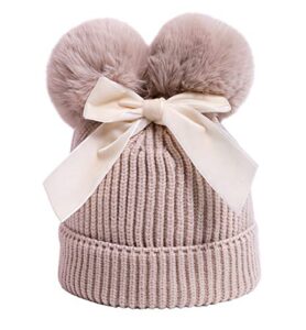 yateen infant toddler baby knitting woolen hat winter warm double pompom beanie cap with bow beige