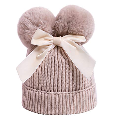 YATEEN Infant Toddler Baby Knitting Woolen Hat Winter Warm Double Pompom Beanie Cap with Bow Beige