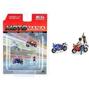 motomania 4 piece diecast set (2 figurines and 2 motorcycles) for 1/64 scale models by american diorama 76486